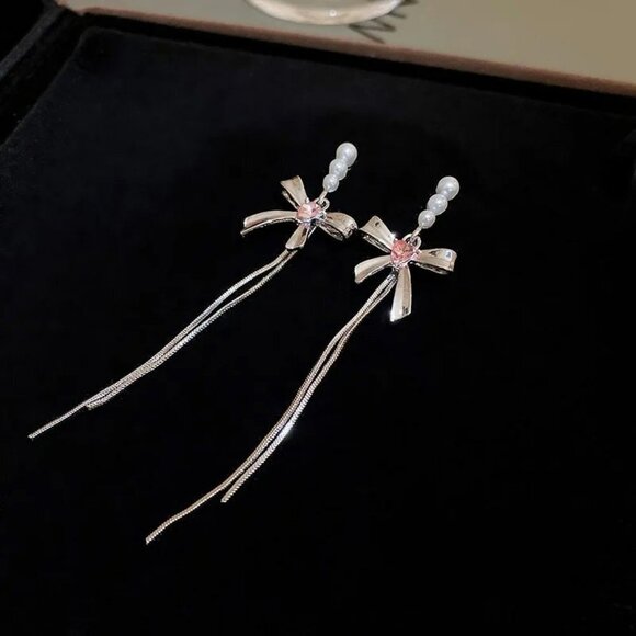 Fashion Metal Bowknot Long Tassel Drop Earrings - Picture 5 of 6